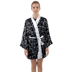 Funny Cat Pattern Organic Style Minimalist On Black Background Long Sleeve Kimono Robe by genx