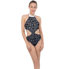 Funny Cat Pattern Organic Style Minimalist On Black Background Halter Side Cut Swimsuit by genx