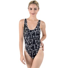 Funny Cat Pattern Organic Style Minimalist On Black Background High Leg Strappy Swimsuit by genx