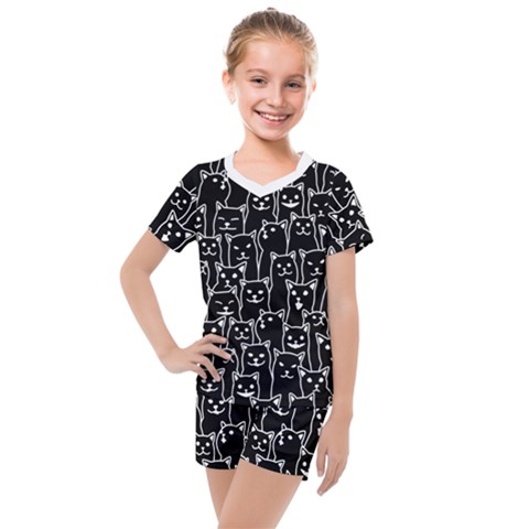 Funny Cat Pattern Organic Style Minimalist On Black Background Kids  Mesh Tee And Shorts Set by genx