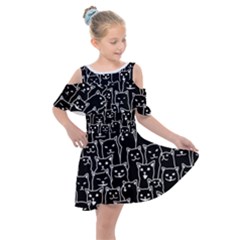 Funny Cat Pattern Organic Style Minimalist On Black Background Kids  Shoulder Cutout Chiffon Dress by genx