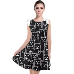 Funny Cat Pattern Organic Style Minimalist On Black Background Tie Up Tunic Dress by genx