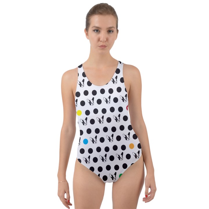 Boston Terrier Dog Pattern with rainbow and black polka dots Cut-Out Back One Piece Swimsuit