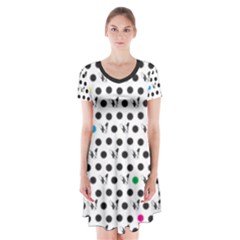 Boston Terrier Dog Pattern With Rainbow And Black Polka Dots Short Sleeve V-neck Flare Dress by genx