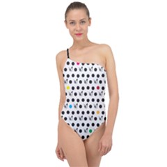 Boston Terrier Dog Pattern With Rainbow And Black Polka Dots Classic One Shoulder Swimsuit by genx