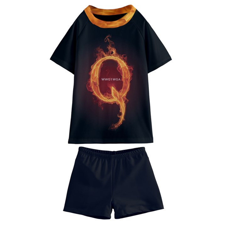 QAnon Letter Q Fire effect WWGOWGA WWG1WGA Kids  Swim Tee and Shorts Set