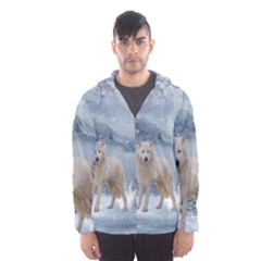 Wonderful Arctic Wolf In The Winter Landscape Hooded Windbreaker (men) by FantasyWorld7