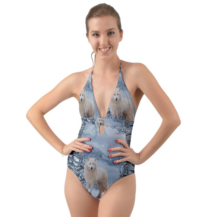 Wonderful Arctic Wolf In The Winter Landscape Halter Cut-Out One Piece Swimsuit