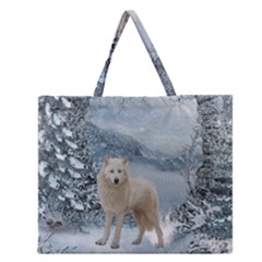 Wonderful Arctic Wolf In The Winter Landscape Zipper Large Tote Bag by FantasyWorld7