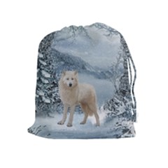 Wonderful Arctic Wolf In The Winter Landscape Drawstring Pouch (xl) by FantasyWorld7