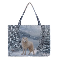 Wonderful Arctic Wolf In The Winter Landscape Medium Tote Bag by FantasyWorld7