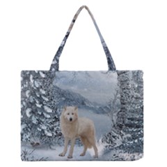 Wonderful Arctic Wolf In The Winter Landscape Zipper Medium Tote Bag by FantasyWorld7