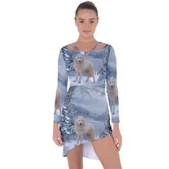 Wonderful Arctic Wolf In The Winter Landscape Asymmetric Cut-out Shift Dress by FantasyWorld7