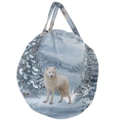 Wonderful Arctic Wolf In The Winter Landscape Giant Round Zipper Tote by FantasyWorld7