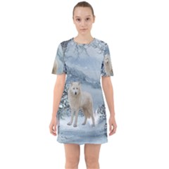 Wonderful Arctic Wolf In The Winter Landscape Sixties Short Sleeve Mini Dress