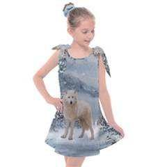 Wonderful Arctic Wolf In The Winter Landscape Kids  Tie Up Tunic Dress by FantasyWorld7