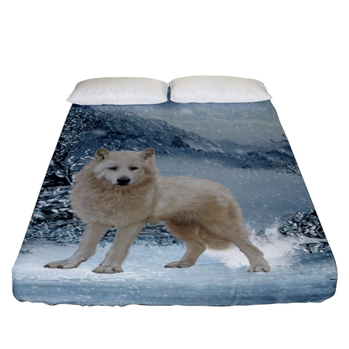 Wonderful Arctic Wolf In The Winter Landscape Fitted Sheet (King Size)