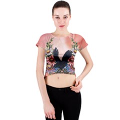 Wonderful Crow With Flowers On Red Vintage Dsign Crew Neck Crop Top by FantasyWorld7