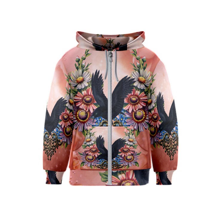 Wonderful Crow With Flowers On Red Vintage Dsign Kids  Zipper Hoodie