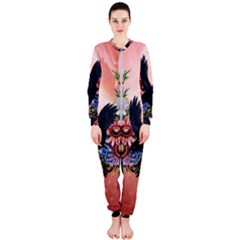 Wonderful Crow With Flowers On Red Vintage Dsign Onepiece Jumpsuit (ladies) 