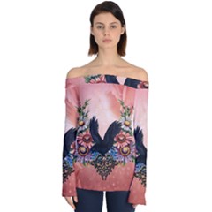 Wonderful Crow With Flowers On Red Vintage Dsign Off Shoulder Long Sleeve Top