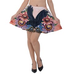 Wonderful Crow With Flowers On Red Vintage Dsign Velvet Skater Skirt by FantasyWorld7