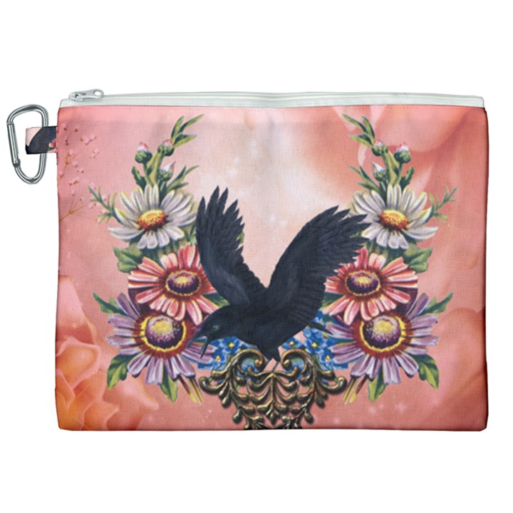 Wonderful Crow With Flowers On Red Vintage Dsign Canvas Cosmetic Bag (XXL)