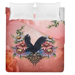 Wonderful Crow With Flowers On Red Vintage Dsign Duvet Cover Double Side (queen Size) by FantasyWorld7