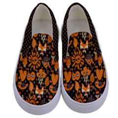 Orange & Black Autumn Heart Pattern Kids  Canvas Slip Ons by PattyVilleDesigns