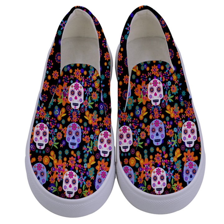 Orange & Black Floral Skulls Design Kids  Canvas Slip Onss