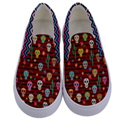 Colorful Zigzag Prints With Cute Skulls Kids  Canvas Slip Onss by PattyVilleDesigns