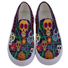 Colorful Aztec Mexican Halloween Day Skulls Kids  Canvas Slip Onss by PattyVilleDesigns