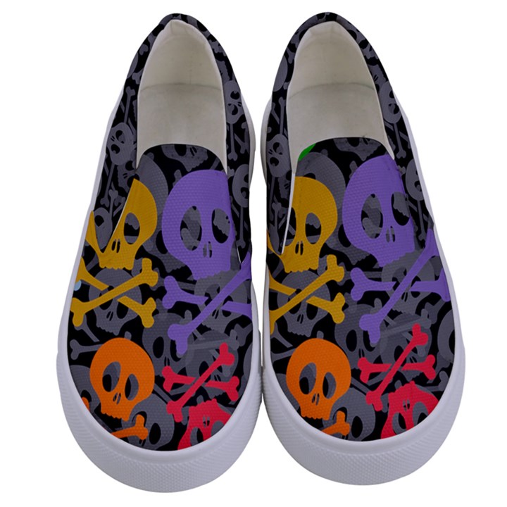 Colorful Floral Aztec Skulls  Kids  Canvas Slip Ons