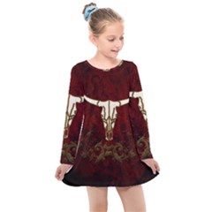 Awesome Cow Skeleton Kids  Long Sleeve Dress by FantasyWorld7