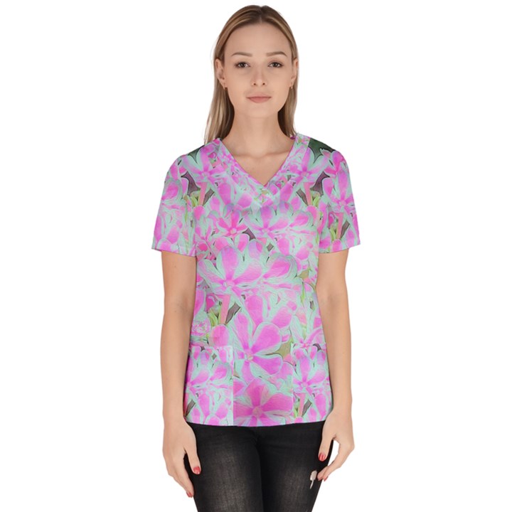 Hot Pink And White Peppermint Twist Flower Petals Women s V-Neck Scrub Top