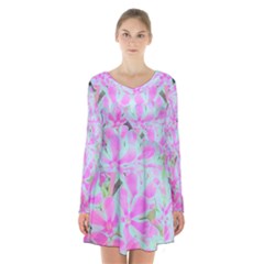 Hot Pink And White Peppermint Twist Flower Petals Long Sleeve Velvet V-neck Dress by myrubiogarden