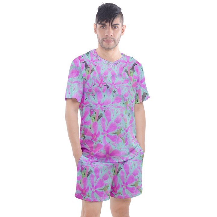 Hot Pink And White Peppermint Twist Flower Petals Men s Mesh Tee and Shorts Set