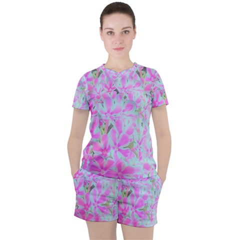 Hot Pink And White Peppermint Twist Flower Petals Women s Tee And Shorts Set by myrubiogarden