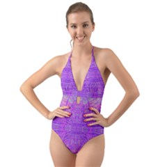 Hot Pink And Purple Abstract Branch Pattern Halter Cut-out One Piece Swimsuit by myrubiogarden