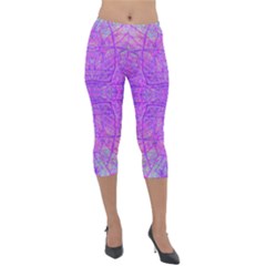 Hot Pink And Purple Abstract Branch Pattern Lightweight Velour Capri Leggings  by myrubiogarden