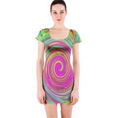 Groovy Abstract Pink, Turquoise And Yellow Swirl Short Sleeve Bodycon Dress by myrubiogarden