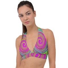 Groovy Abstract Pink, Turquoise And Yellow Swirl Halter Plunge Bikini Top by myrubiogarden