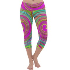 Groovy Abstract Pink, Turquoise And Yellow Swirl Capri Yoga Leggings by myrubiogarden