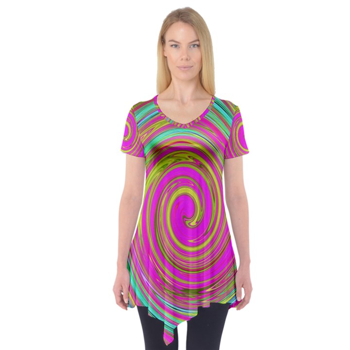 Groovy Abstract Pink, Turquoise And Yellow Swirl Short Sleeve Tunic 