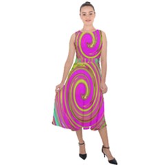 Groovy Abstract Pink, Turquoise And Yellow Swirl Midi Tie-back Chiffon Dress by myrubiogarden