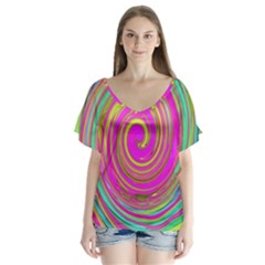 Groovy Abstract Pink, Turquoise And Yellow Swirl V-neck Flutter Sleeve Top by myrubiogarden