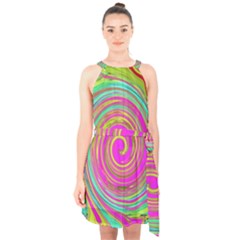 Groovy Abstract Pink, Turquoise And Yellow Swirl Halter Collar Waist Tie Chiffon Dress by myrubiogarden