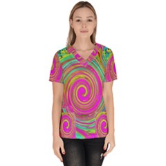 Groovy Abstract Pink, Turquoise And Yellow Swirl Women s V-neck Scrub Top by myrubiogarden