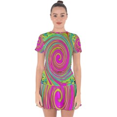 Groovy Abstract Pink, Turquoise And Yellow Swirl Drop Hem Mini Chiffon Dress by myrubiogarden