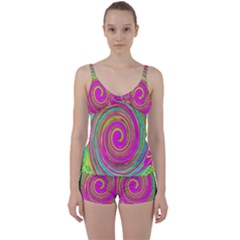 Groovy Abstract Pink, Turquoise And Yellow Swirl Tie Front Two Piece Tankini by myrubiogarden